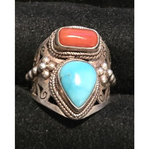 Sterling Silver Ring Fine Jewelry Size 7.5 Band Turquoise & Coral Stones - Picture 1 of 6